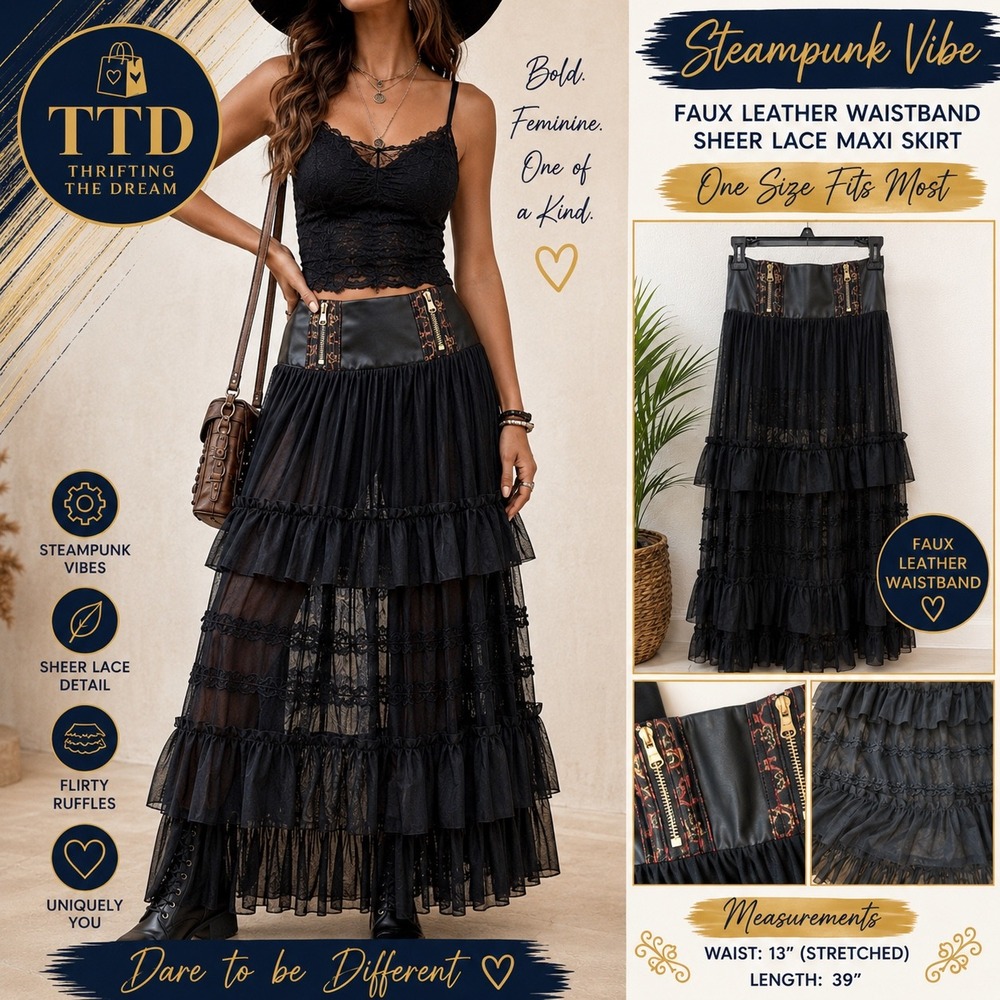 Steampunk Faux Leather Waistband Sheer Lace Ruffle Maxi Skirt Black